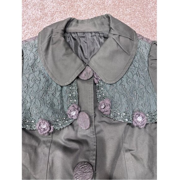 Forest Green Flower Motif Trench Coat - Picture 3 of 4